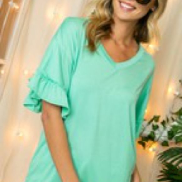 Solid Seafoam Green Flare Sleeve Twist Bottom Top - Picture 3 of 3
